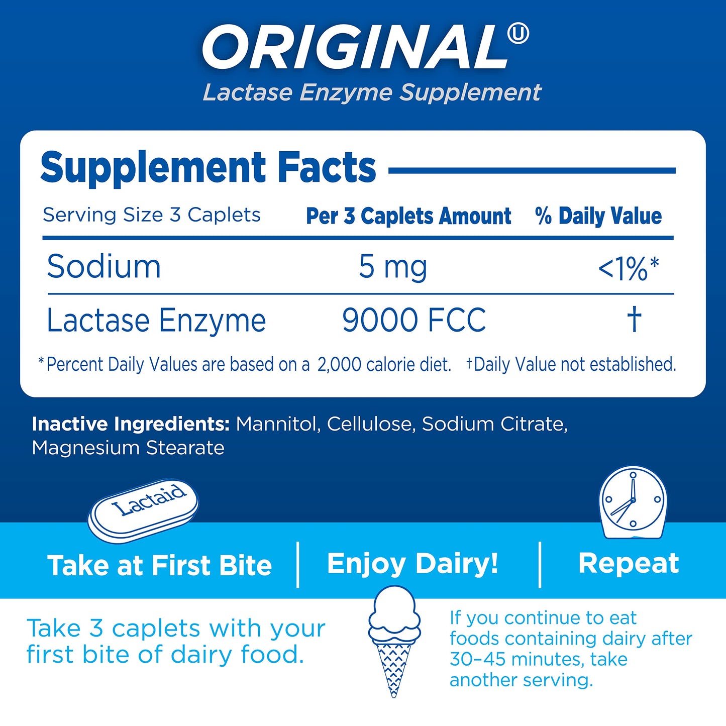 Lactaid Original Strength Lactose Intolerance Pills, 9000 FCC Natural Lactase Enzyme Dairy Relief Caplets, Helps Prevent Gas, Bloating & Diarrhea Due to Lactose Sensitivity in Adults & Kids, 120 Count