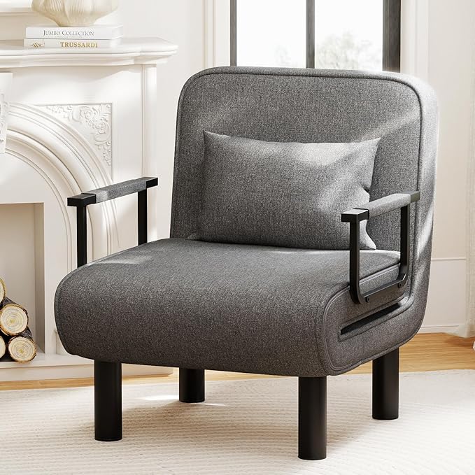Furniliving 4 in 1 Folding Sofa Bed Chair, Convertible Sleeper Chair Bed with 6-Position Adjustable Backrest, Upholstered Chaise Lounge with Pillow, Accent Chairs for Bedroom/Office, Linen, Darkgrey