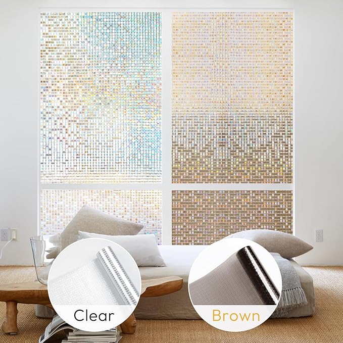 rabbitgoo Window Privacy Film Stained Glass Window Film, Mosaic Rainbow Decorative Glass Cling, Removable Static Cling Tint, Non-Adhesive Privacy Covering for Home, Brown, 17.5 x 157.4 inches