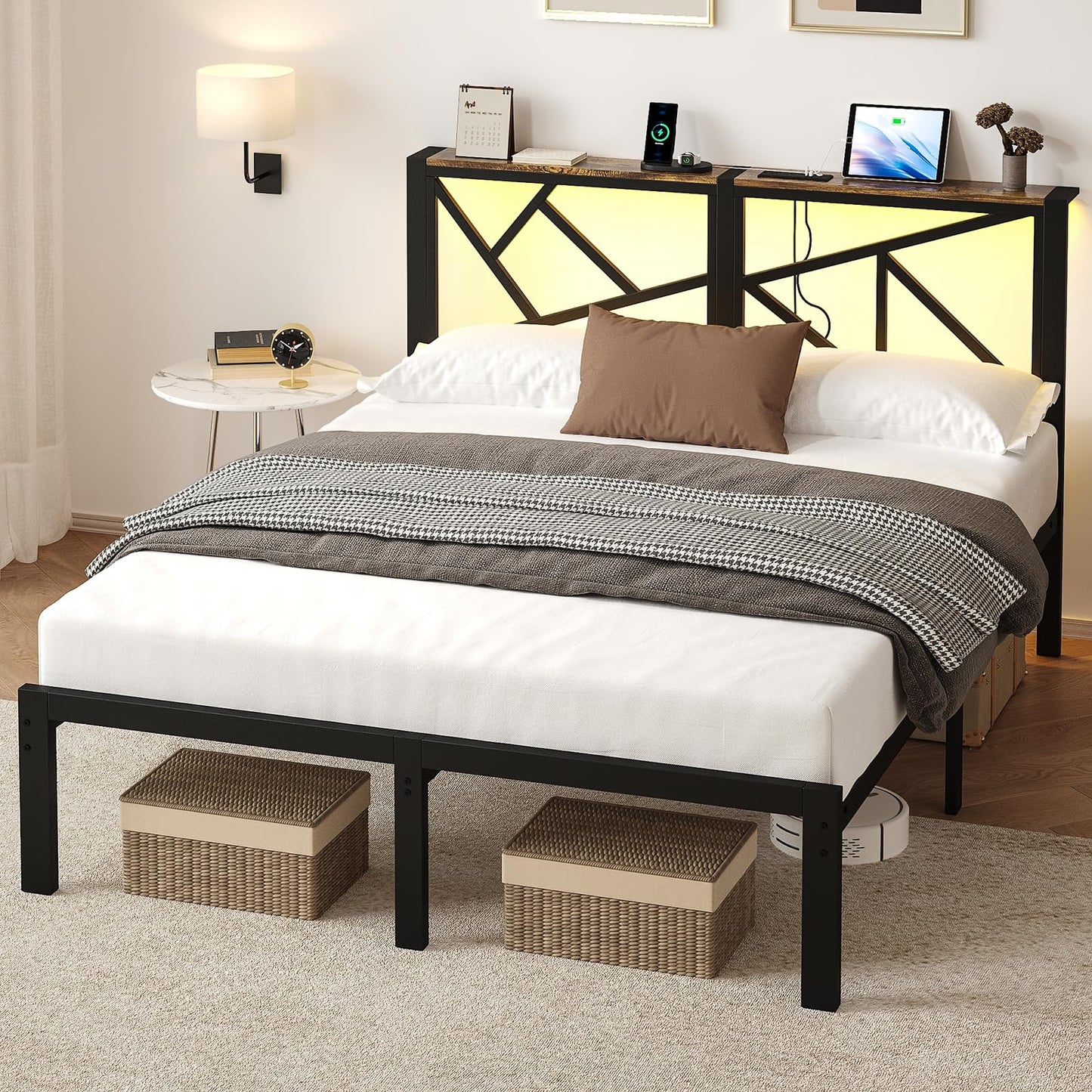 ChicZhiNest Queen Size Black Metal Bed Frame with USB Charging Station, LED Ambient Lighting, and Wooden Storage Headboard - Includes Under-Bed Storage, No Box Spring Needed, Noise Free, Easy Assembly