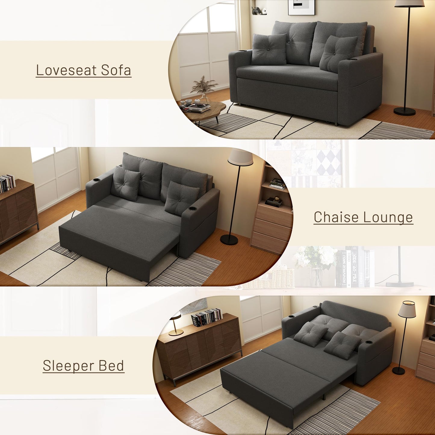 Krcix 3 in 1 Sofa Bed, 56 Inch Convertible Pull Out Couch, Loveseat Sleeper Sofa with Cup Holders, USB, Sofa Couches for Living Room, Bedroom, Apartment, Dark Grey