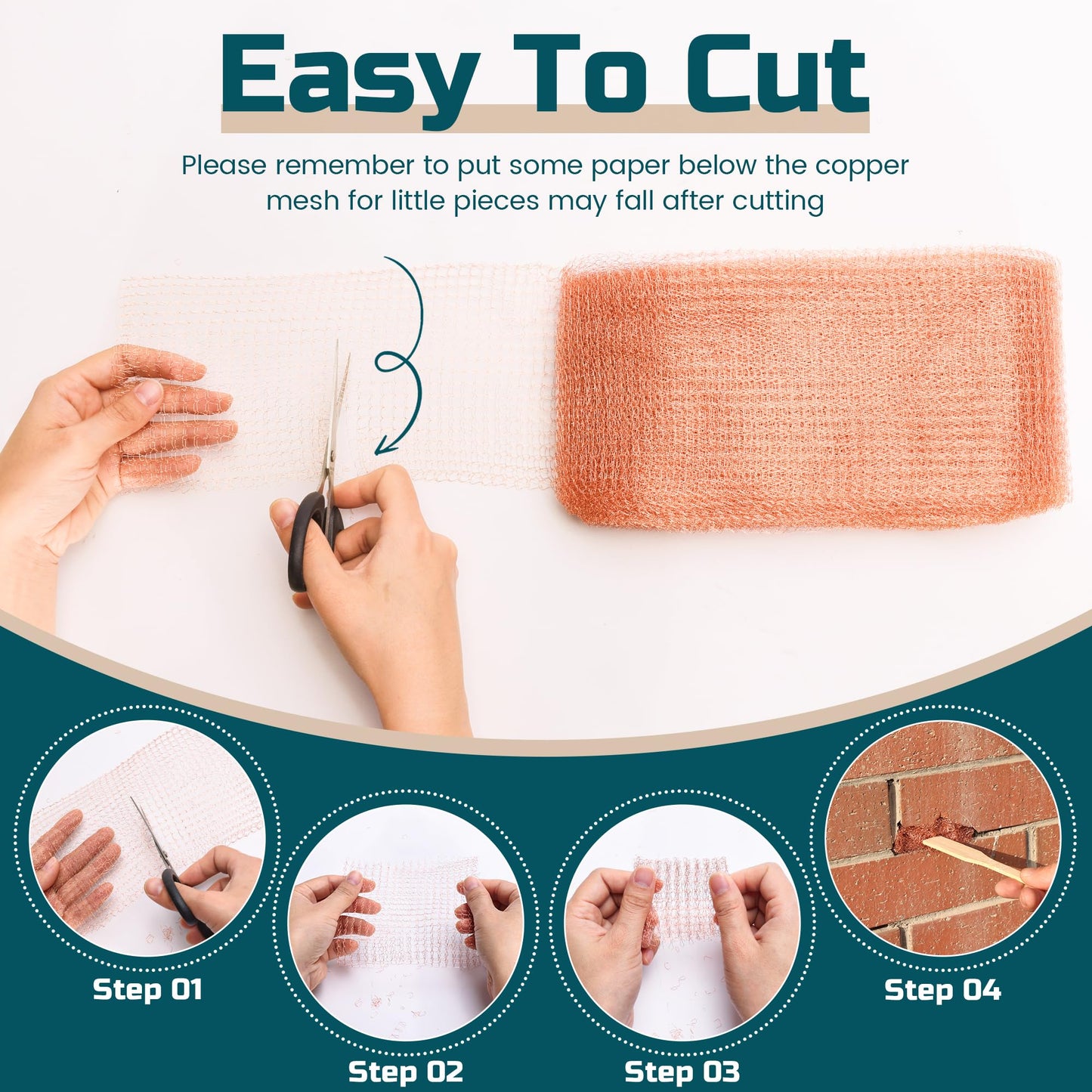 PamMittul Copper Mesh Rodent Control, 4in x 30ft Rustproof Pure Copper Mesh Roll for Slug Snail Mice Control, Ideal for Blocking Holes in Walls Vents, Plus Packing Tool for Easy Installation
