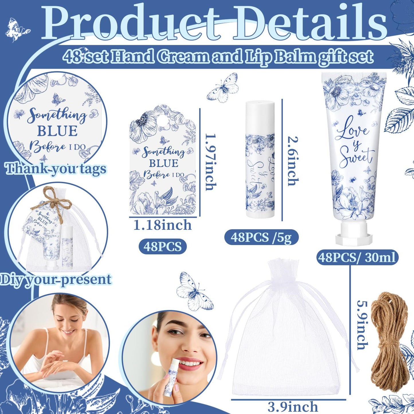 Swiffen 48 Sets Something Blue Before I Do Bridal Shower Hand Cream and Lip Balm Gift Bulk Blue Floral Wedding Favors Travel Siz