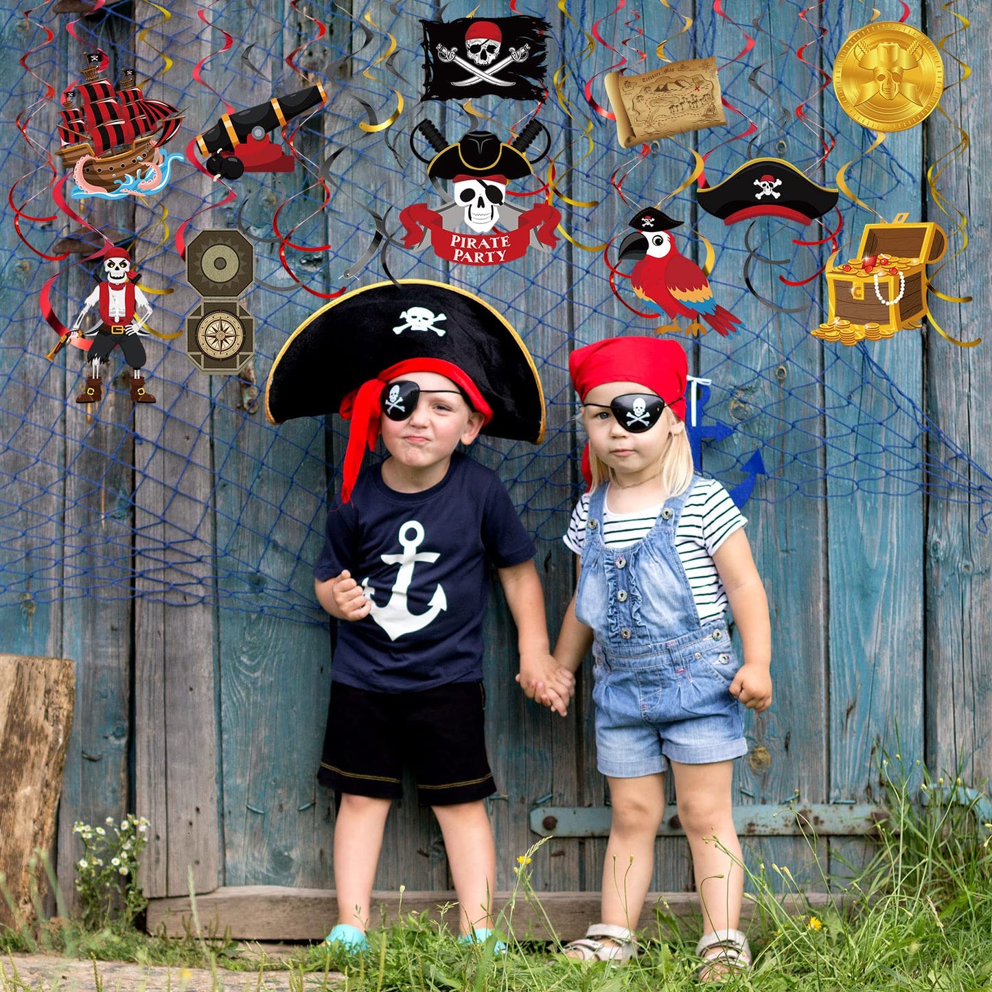 Censen 52 Pcs Pirate Party Hanging Swirls Decor Pirate Theme Ceiling Wall Spiral Streamer Pirate Captain Hat Skull Parrot Treasures Ceiling Hanging Swirl for Pirate Nautical Caribbean Birthday Party