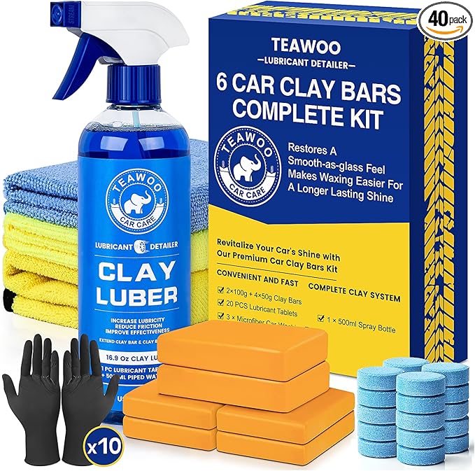 TEAWOO Clay Bars Kit, 6 Clay Bars & 20 PCS Lubricant Tablets, Complete Car Detailing Kit, Spray Bottle, Disposable Gloves ...