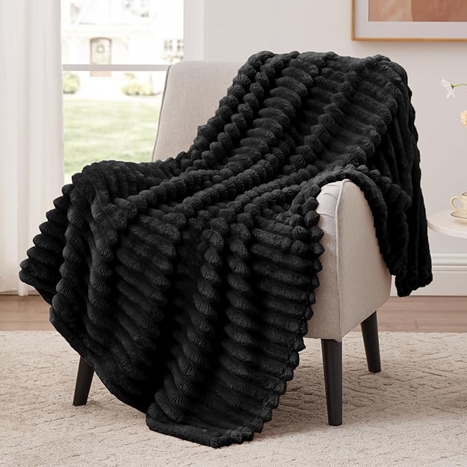 EXQ Home Fleece Throw Blanket for Couch or Bed - 3D Stripe Jacquard Decorative Blankets - Cozy Soft Lightweight Fuzzy Flan...