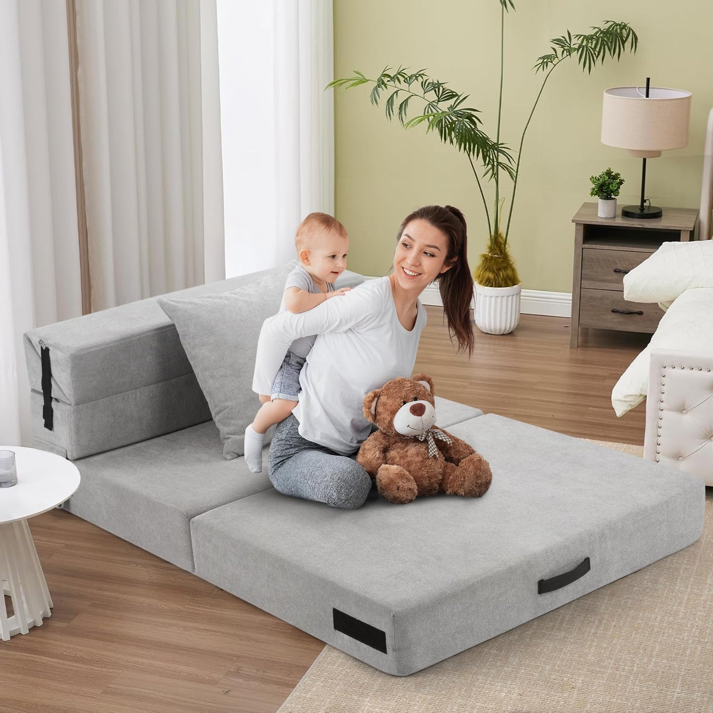 Aivermeil Folding Sofa Bed Couch Futon Sleeper Chair with Pillow, Convertible Futon Couch, Foldable Mattress, Washable Cover, for Living Room/Dorm/Guest Room, Single Size, Light Gray