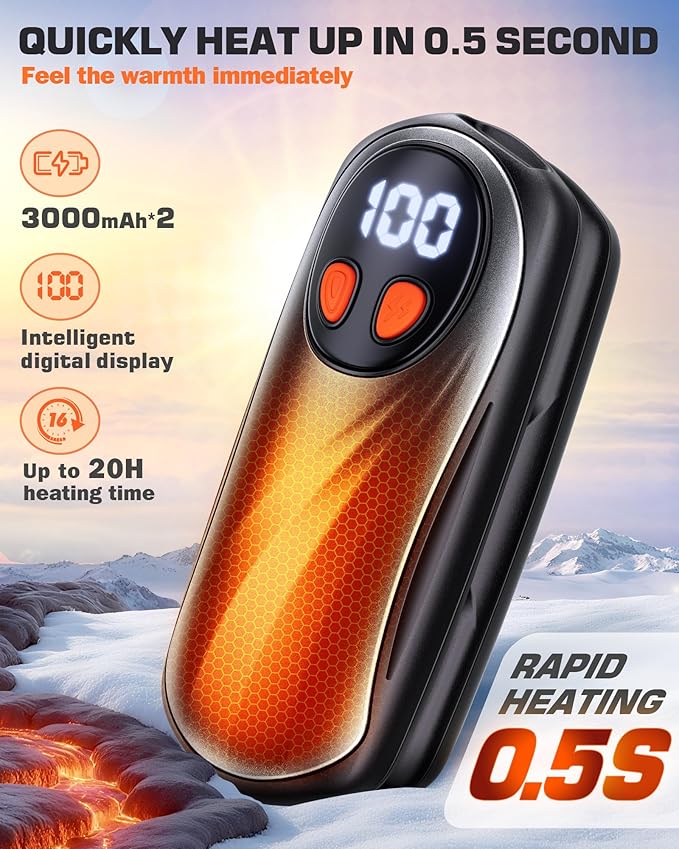 Hand Warmers Rechargeable 2 Pack, 6000mAh Electric Hand Warmers, 5-Level Heating with Battery Display, Reusable Portable Pocket Heater, Gifts for Christmas, Outdoor, Golf, Travel, Hunting, Camping