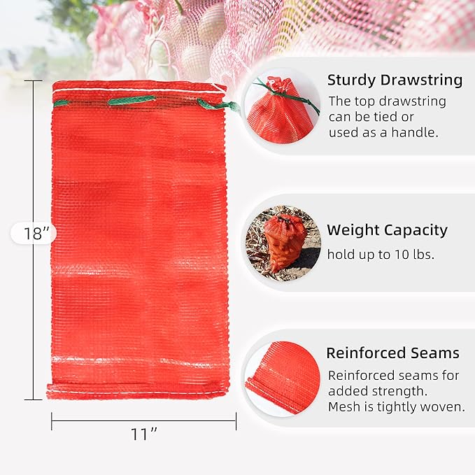 10 lb Mesh Onion Bags 100pcs, 11"×18" Mesh Produce Bags Hanging Reusable Breathable Vegetable Storage Net Bag with Drawstring for Onions Potatoes Citrus Crawfish, Red (Pack of 100)