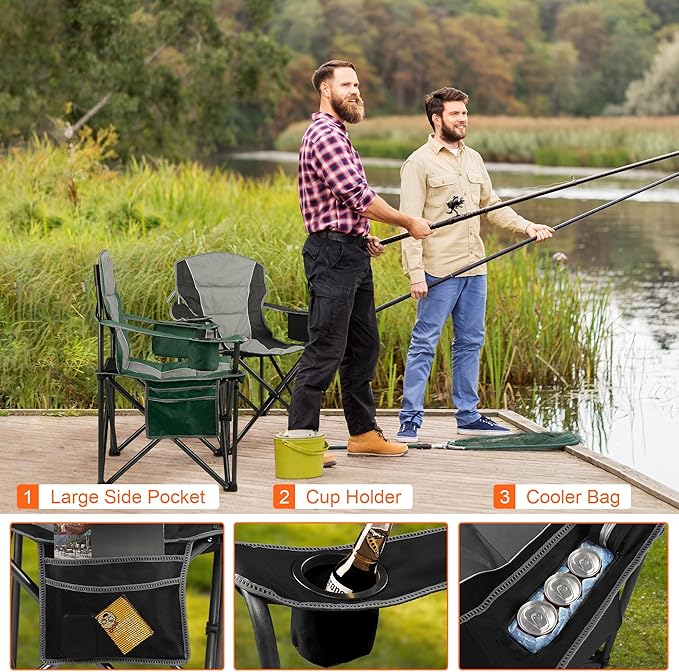 LANMOUNTAIN 2 Pack Padded Oversized Camping Chairs for Adults,Heavy Duty Support 400 Lbs,Folding Portable Lawn Chair w/Cup Holder,Cooler Bag,Side Pocket,Perfect for Outdoor Picnic,Hiking(Black&Green)