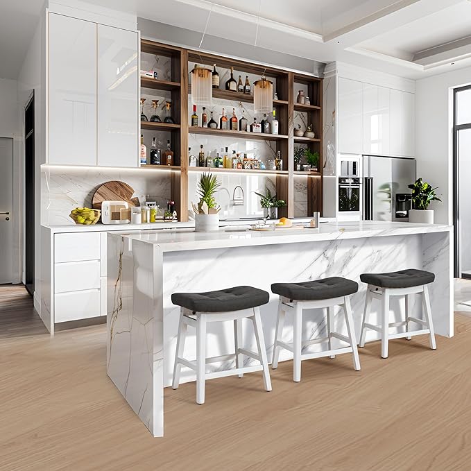 RNKSFX Counter Height Bar Stools Set of 4 for Kitchen Counter Farmhouse Modern Barstools with Faux Leather Upholstered Backless Seat and Solid Wood Legs 24 inch Bar Chairs, Grey + White