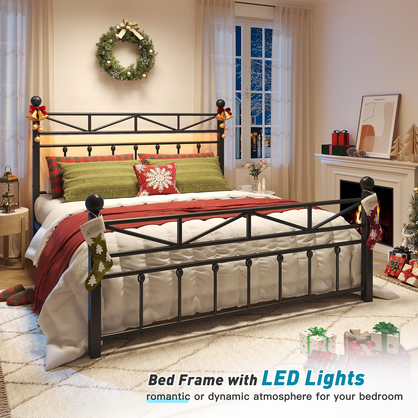 EnHomee 54" Contemporary Metal Bed Frame Queen Size with Tall Headboard, LED Light Queen Size Bed Frame, Sturdy Metal Slats Support with Under Bed Storage/Easy to Put Together/Black