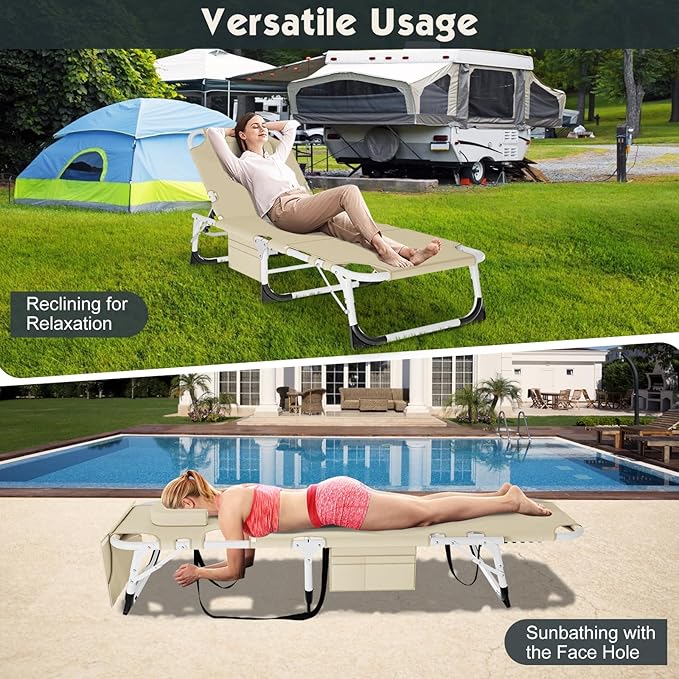 MOPHOTO Tanning Lounge Chair 5-Position, Outdoor Sunbathing Chairs Folding Chaise Lounge, Sun Tanning Lounger with Face Hole, Perfect for Pool Beach Patio Sunbathing
