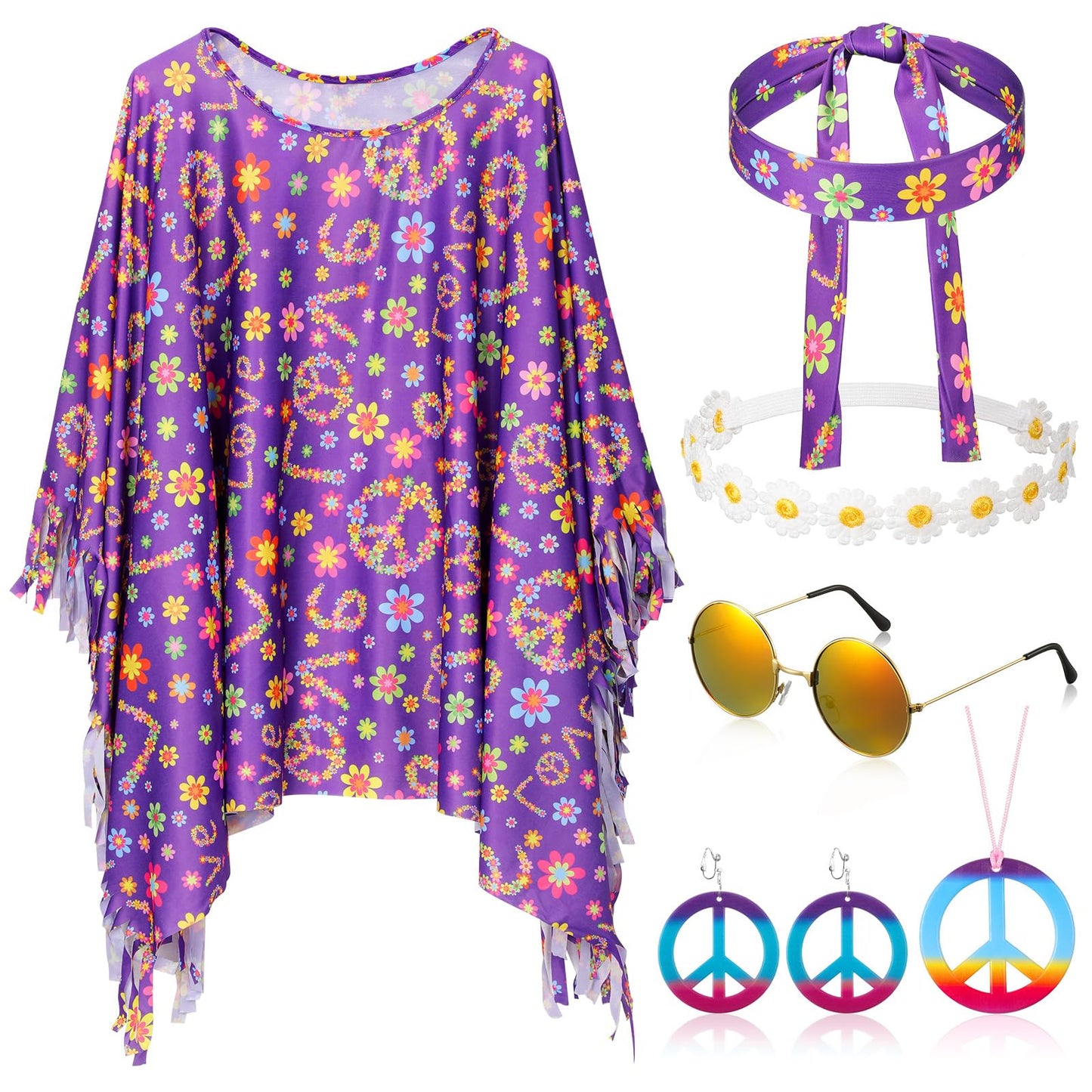 Hicarer 6 Pcs Hippie Costume Accessories Set Includes Headband Poncho Necklace Earrings Sunglasses for Women Girls(Romantic Flower)