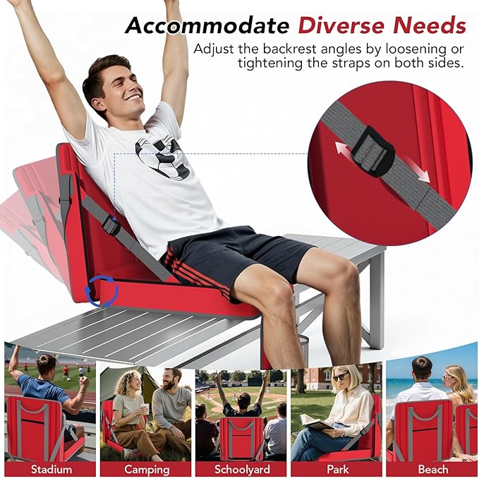 janiry Stadium Seats with Back Support 2PACKS Adjustable Bleacher Chairs with Back and Cushion Bleacher Seat with Cup Holder, Carry Handle & Shoulder Strap for Outdoor Sports Events, Picnics, Beaches