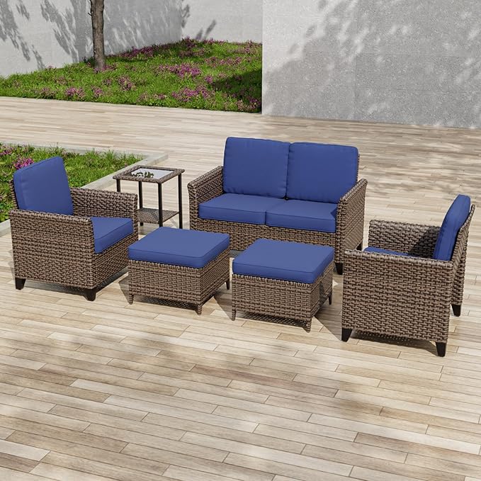 COOS BAY Harbor Retreat 6 Piece Outdoor Furniture Set, Patio Conversation Set with Patio Chairs, 2 Seat Loveseat, Side Table and Ottomans, Wicker Furniture, Brown/Blue