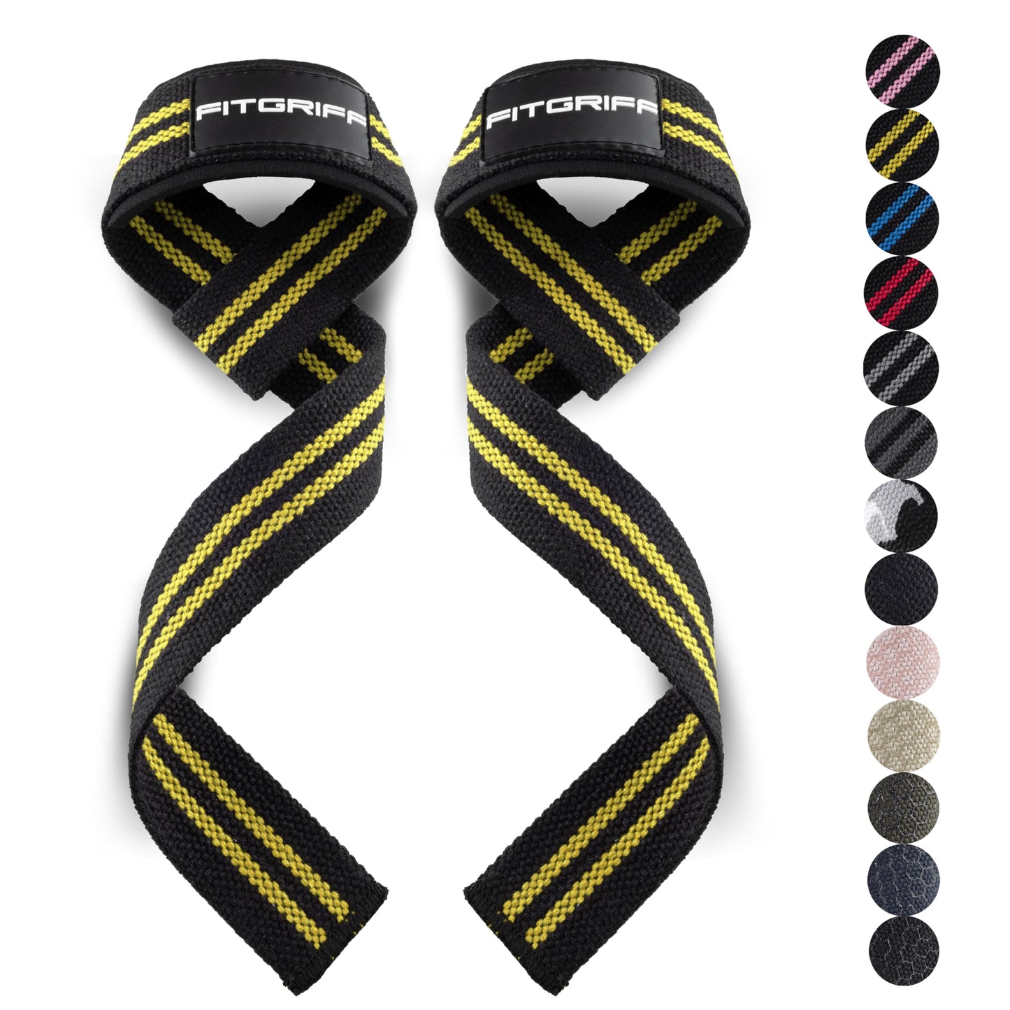 Fitgriff® Lifting Wrist Straps for Weightlifting, Gym, Deadlift, Workout (Made of Premium Cotton & Padded) - Men & Women (Standard, Black/Yellow)