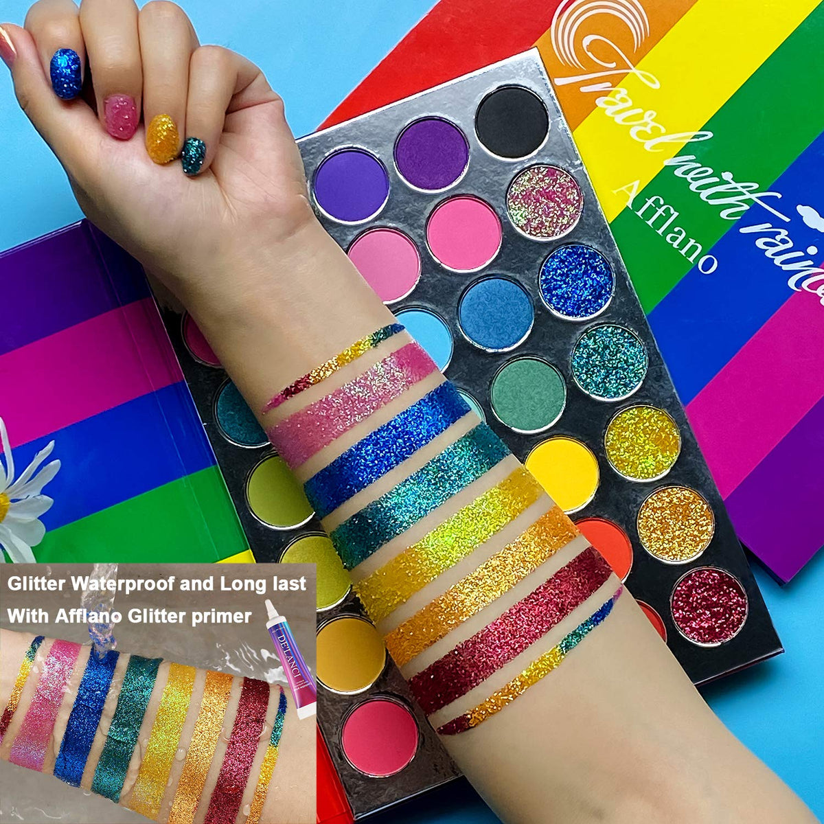 Afflano Rainbow Eyeshadow Palette Matte Shimmer Pressed Glitter, Pigmented Colorful Eye Shadow Pallets, Pink Red Orange Yellow G