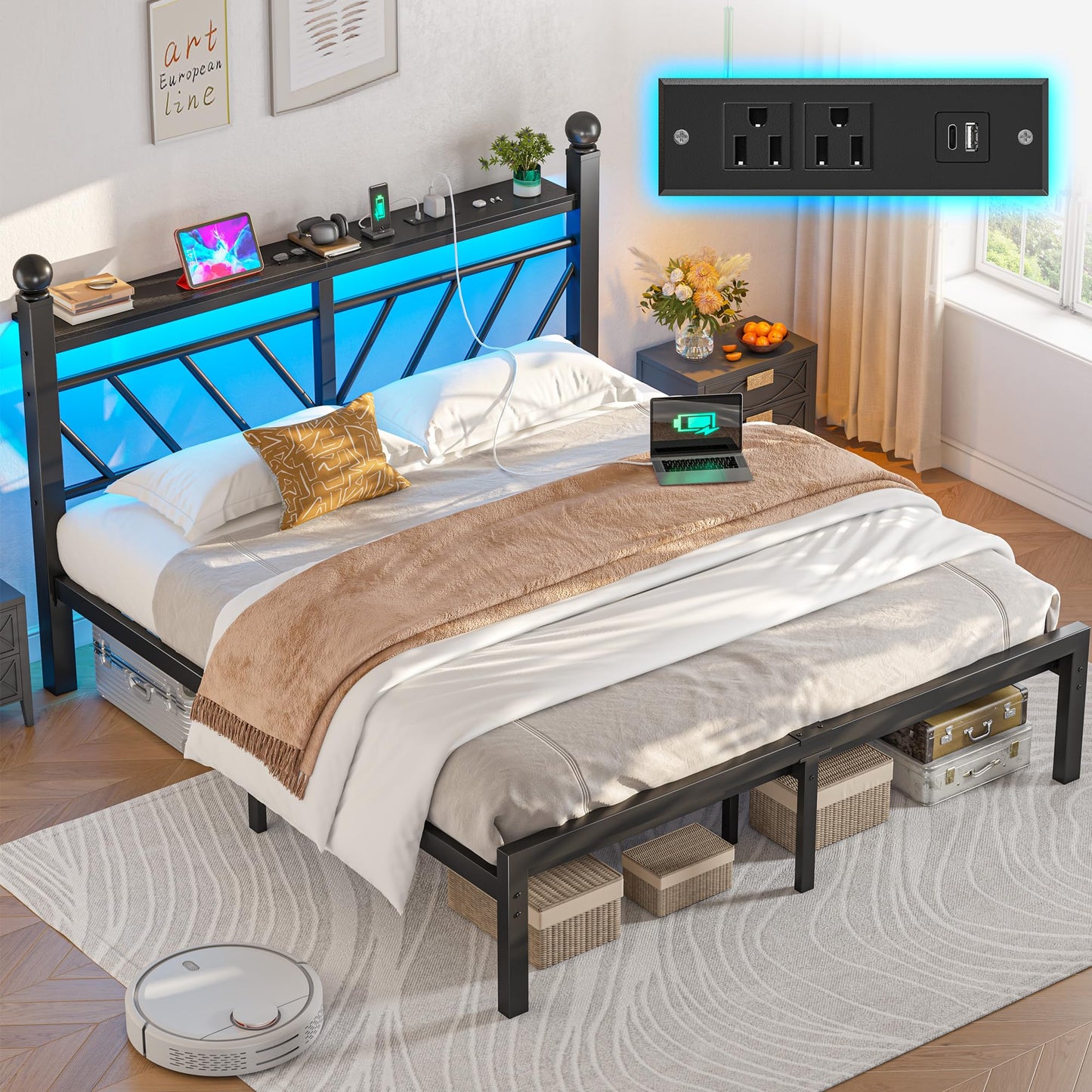 Homkdom Metal Bed Frame Queen Size with LED Lights and Charging Station, Queen Bed Frame with Headboard and Footboard with Storage Shelves and Under Bed Storage, No Box Spring Needed, Noise Free,Black