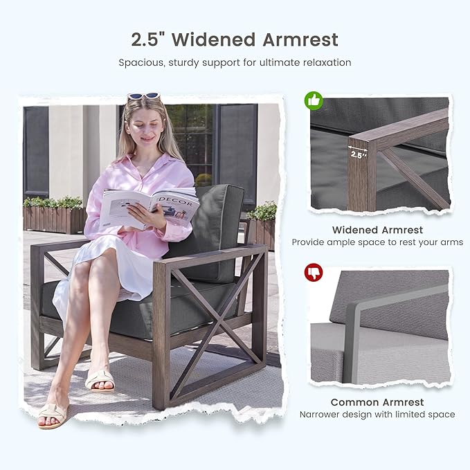 UDPATIO 4 Piece Faux Wood Aluminum Patio Furniture Set Modern Patio Conversation Set with Coffee Table for Balcony, Backyard, Deck, 600D Waterproof Furniture Cover Included, Dark Grey