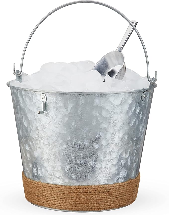 Twine Farmhouse Ice Bucket with Scoop - Beverage Tub Wrapped with Rope for Parties - Galvanized Metal Bucket Cooler & Drin...