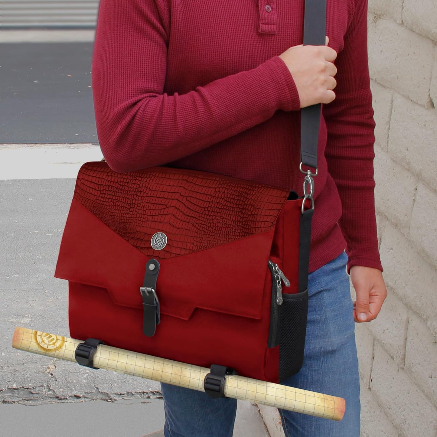 ENHANCE Collector's Edition RPG Player's Essentials DnD Bag - Dragon Hide Exterior Messenger Bag Fits 2-4 Books, Binders, Dice & Accessories, with 17 inch Laptop Slot, Battlemap Straps (Dragon Red)