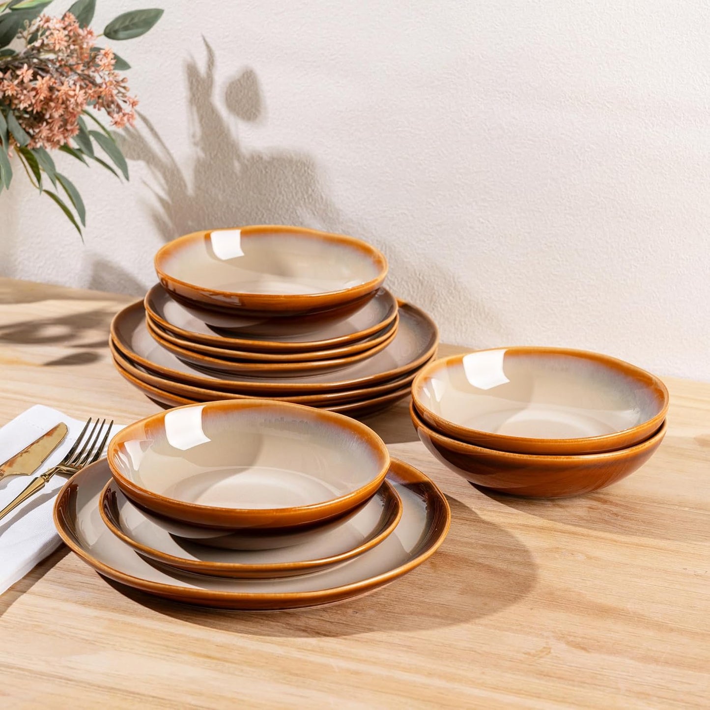 LeRatio Ceramic Dinnerware Sets for 4,Wavy Reactive Glaze Stoneware Plates and Bowls Sets,Highly Scratch Resistant | Dishwasher & Microwave,Oven Safe Dishes Set(12PCS)