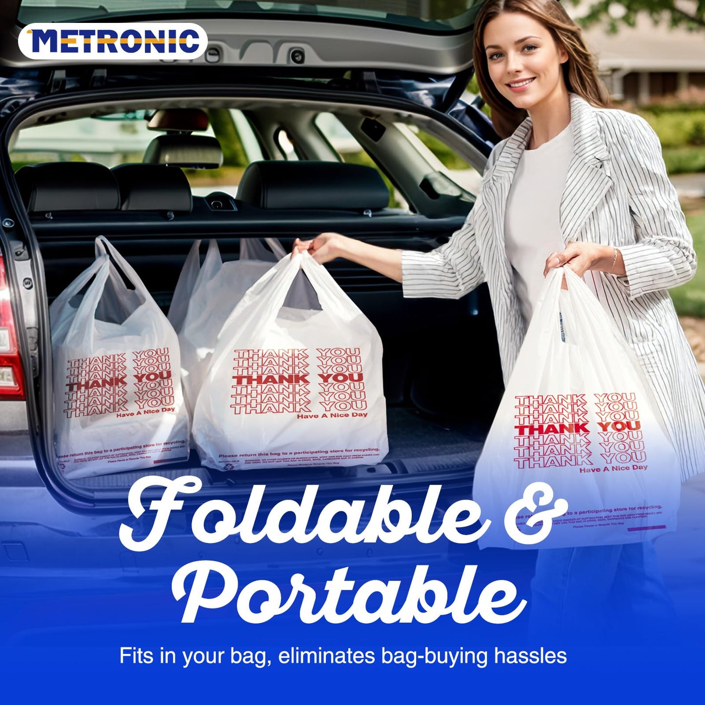 METRONIC 1000 Count White Thank You Bags with Handles, 11.5" x 6.5" x 21" Plastic Carry Bags for Retail, Supermarket, Grocery Shopping Bag for T-shirt Packaging, Takeout, Convenience Stores, in Bulk