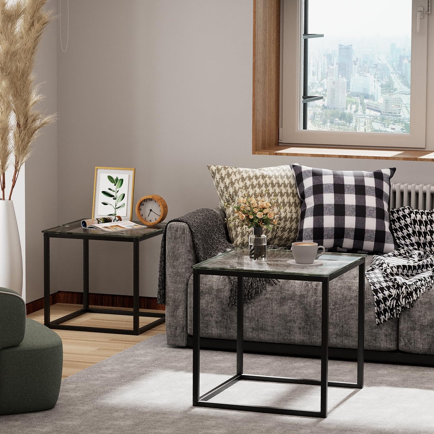 VILAWLENCE Coffee Table Set of 2, Modern Black Glass Side Table, Metal Frame Square End Table, Center Tables,Nesting Coffee Table for Living Room,Bedroom and Small Spaces