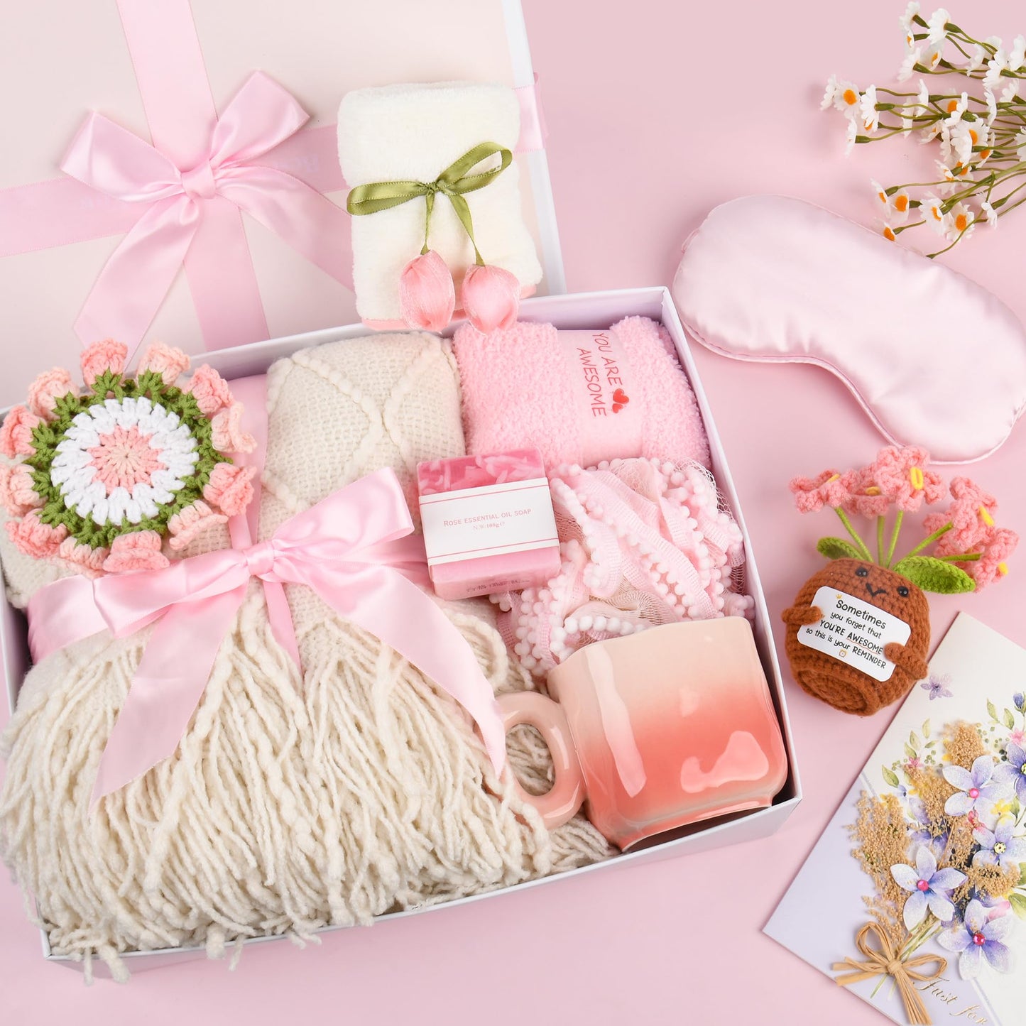 Birthday Gifts for Women, Knitted Tassel Throw Blanket Pink Gift Basket with Handmade Crocheted Potted Plants and Flower Coasters, Inspirational for Mom Her Wife Friend Grandma