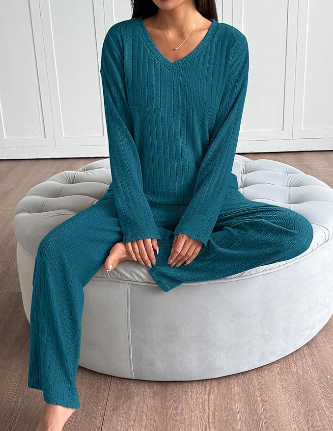 Ekouaer Lounge Sets for Women Long Sleeve Knit Ribbed Pajama Sets 2 Piece Casual Loungewear with Pockets