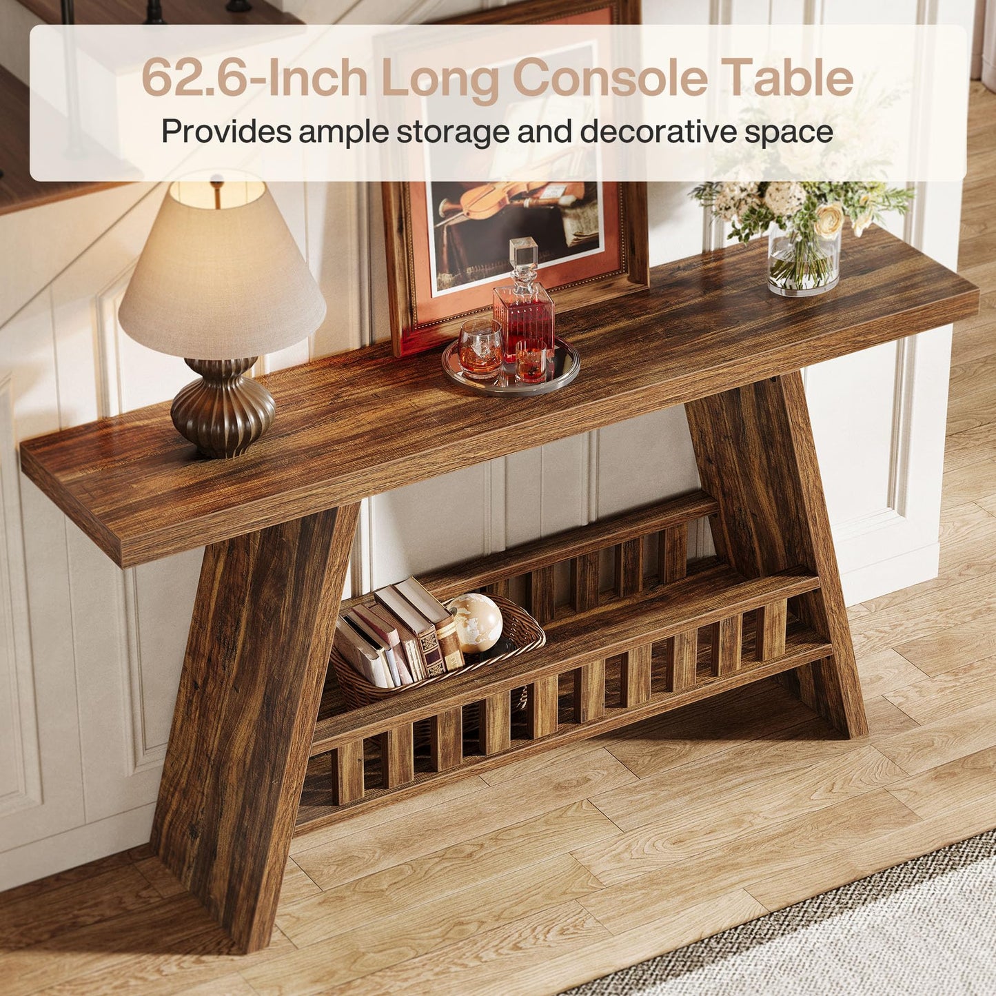 Tribesigns 63-Inch Long Entryway Console Table, Farmhouse 2-Tier Narrow Sofa Table Behind The Couch for Living Room, Hallway, Rustic Brown