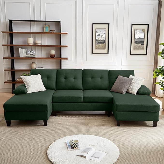 Chireca 111" Sectional Couch for Living Room, Modern Polyester Fibre U Shaped Sofa Couches with Double Chaise, Upholstered 4 Seater Sofa for Living Room, Apartment, Office, Dark Green