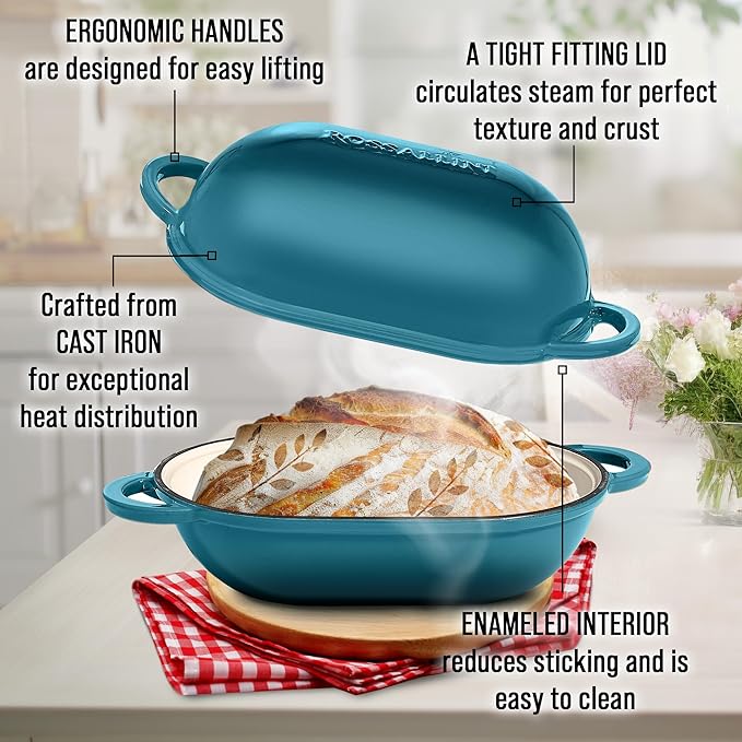 Signature Enameled Cast Iron Sourdough Bread Oven | Non-Stick with Tight Fitting Lid for Perfect Baking and Bread Making | 2QT Oval Oven With Lid [Ocean Blue]