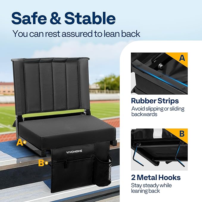 VIVOHOME Portable Stadium Seat for Bleachers with Back Support, Folding Bleacher Chair with Cup Holder and Shoulder Strap Black