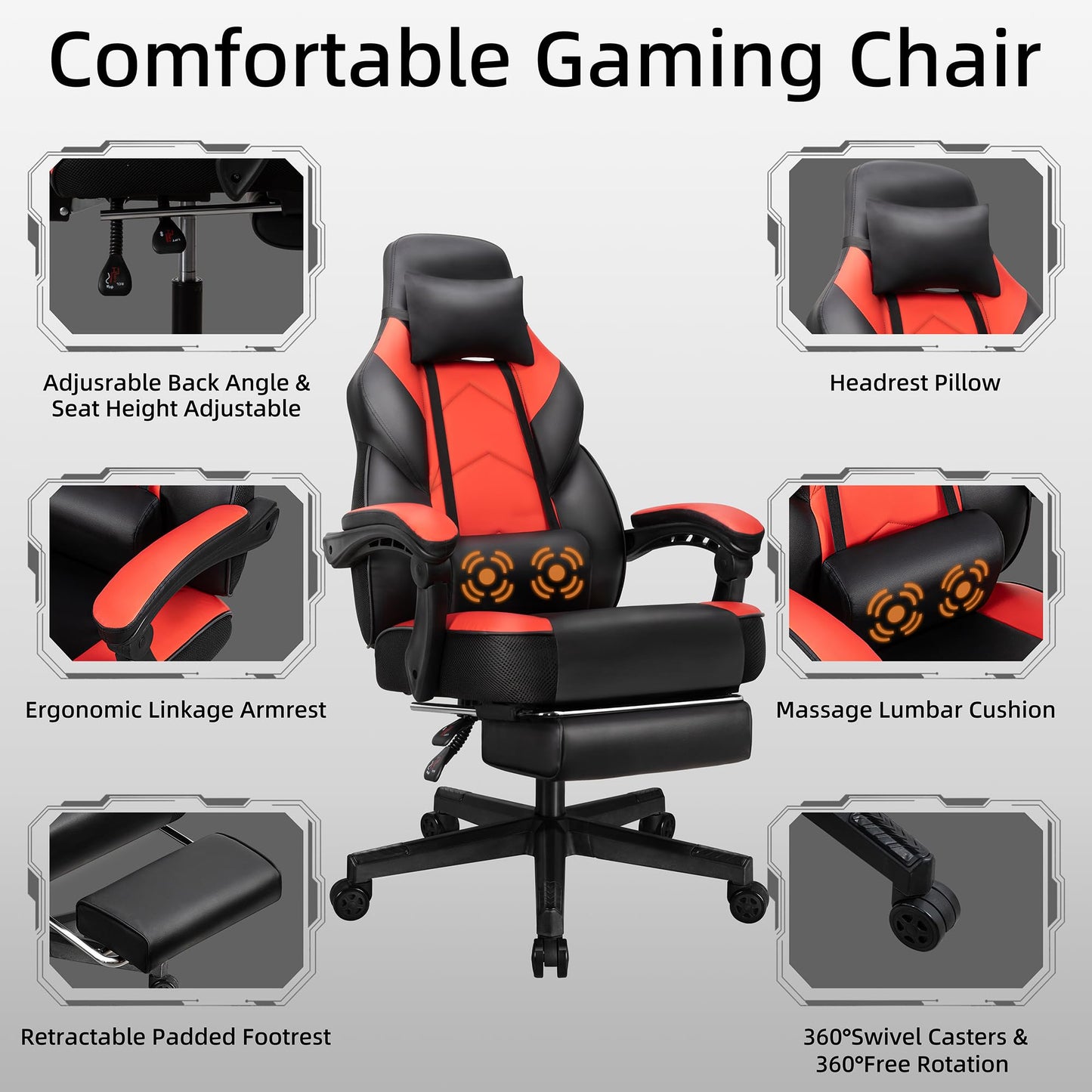 Shintenchi Gaming Chair, Office Chair with Footrest and Lumbar Support, Height Adjustable Game Chair with 360°-Swivel Seat and Headrest and for Office or Gaming (Deep Red)