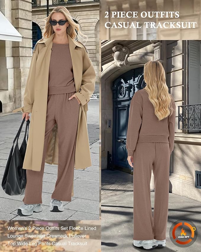 Sweetyweee Women's 2 Piece Outfits Set Fleece Lined Lounge Sweatsuit Crewneck Pullover Top Wide Leg Pants Casual Tracksuit