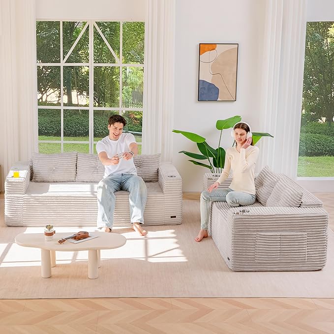 MAXYOYO Boneless Couch and Loveseat Sets for Small Spaces, Mini Love Seat Floor Couch with Cup Holders and Pillows, Upholstered Cloud Couch for Bedroom Apartment, No Assembly Required