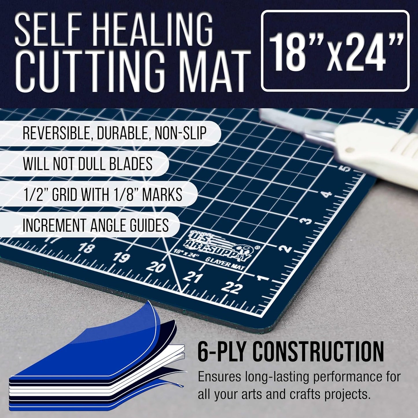 U.S. Art Supply 18" x 24" Self-Healing Cutting Mat 5-Ply - Double-Sided White/Blue Craft Mat, Non-Slip Cutting Mats for Crafts, Sewing, Quilting, Scrapbooking