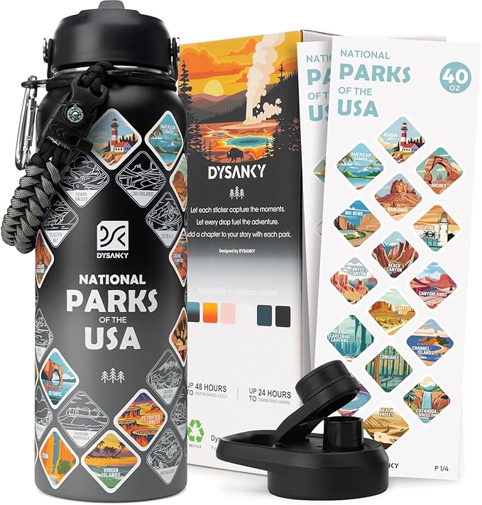 DYSANKY National Parks Water Bottle – 40 oz Insulated Stainless Steel Water Jug with 67 Park Stickers, Outdoor Accessories...
