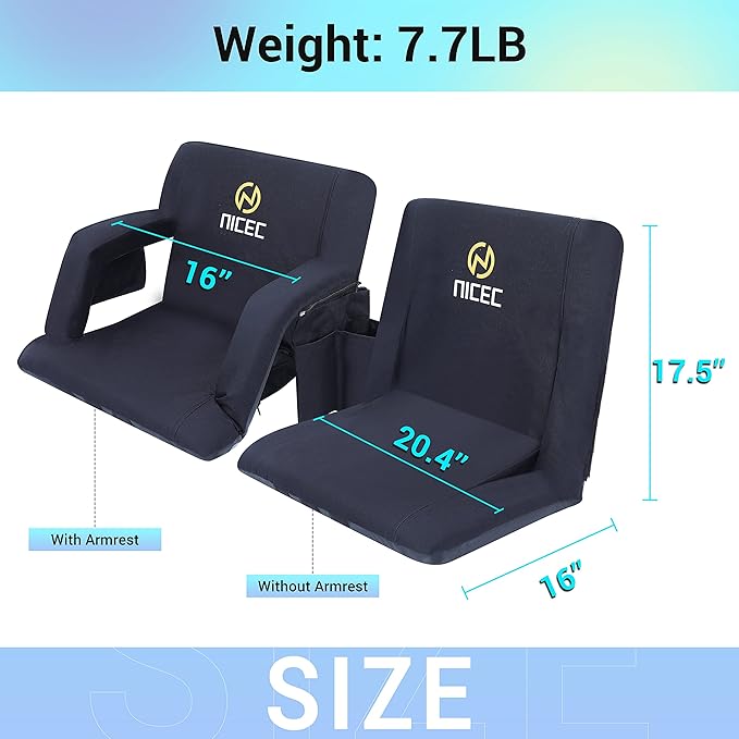 Nice C Stadium Seats, Floor Chair, Bleacher Chairs, 5 Reclining Positions Waterproof Cushion, Ultralight, Foldable, Extra Thick Padding, with Shoulder Straps & Net Pockets, Power Bank Not Included