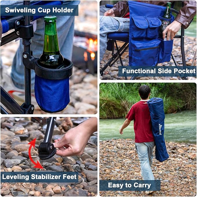 Romswi Oversized Camping Folding Chairs, Heavy Duty for Adults Support 500 LBS, High Back Camp Chairs with Hard Armrests, Cup Holder & Side Pockets for Outdoor, Garden 2 Pack