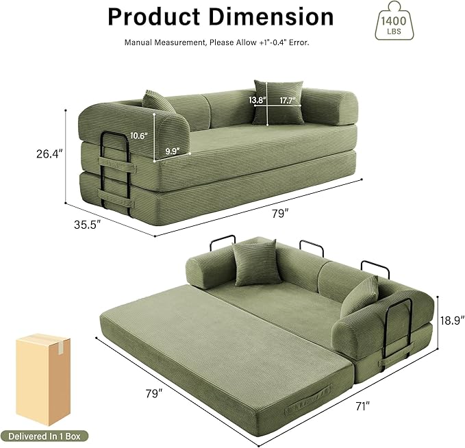 79" 5-in-1 Folding Convertible Sofa Bed, Oversized Corduroy Futon Floor Couch with Pull-Out Sleeper, Modular Boneless Loveseat for Small Spaces, Living Room, Bedroom (Light Green)