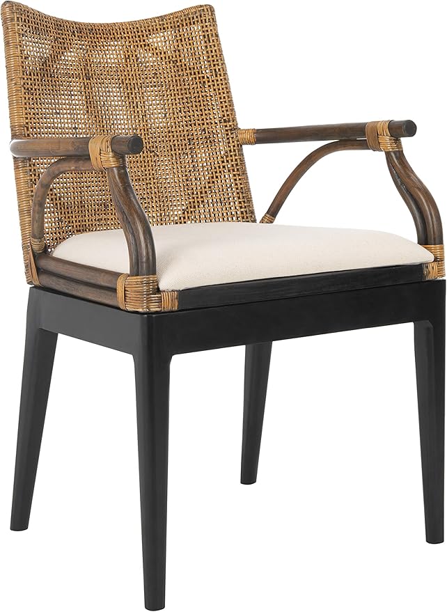 SAFAVIEH Home Collection - Gianni Brown & Black Solid Wood Rattan Arm Chair, Tropical Coastal Accent Seating for Living Ro...