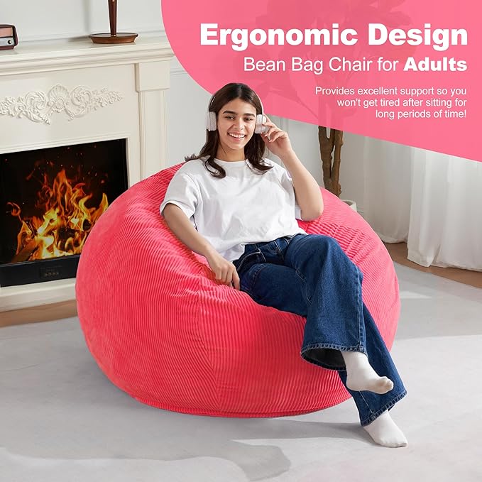 Homguava 3.5FT Bean Bag Chair: Teardrop Bean Bags with Memory Foam Filled, Compact Beanbag Chairs Soft Sofa with Corduroy Cover (Pink)