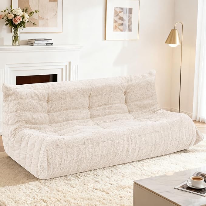 HABUTWAY Bean Bag Chairs Fireside Lazy Floor Sofa, Soft Teddy Fleece 3 Seater Sofa with High-Resilience Foam Filling，Beanbag for Living Room, Bedroom, Office (Beige Teddy)