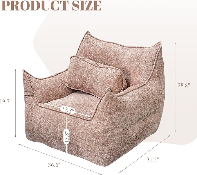 Adult Bean Bag Chairs with Pillow, Comfy Large Bean Bag Couch for Teens with Armrests, Giant BeanBag Sofa for Living Room, Bedroom, Light Brown