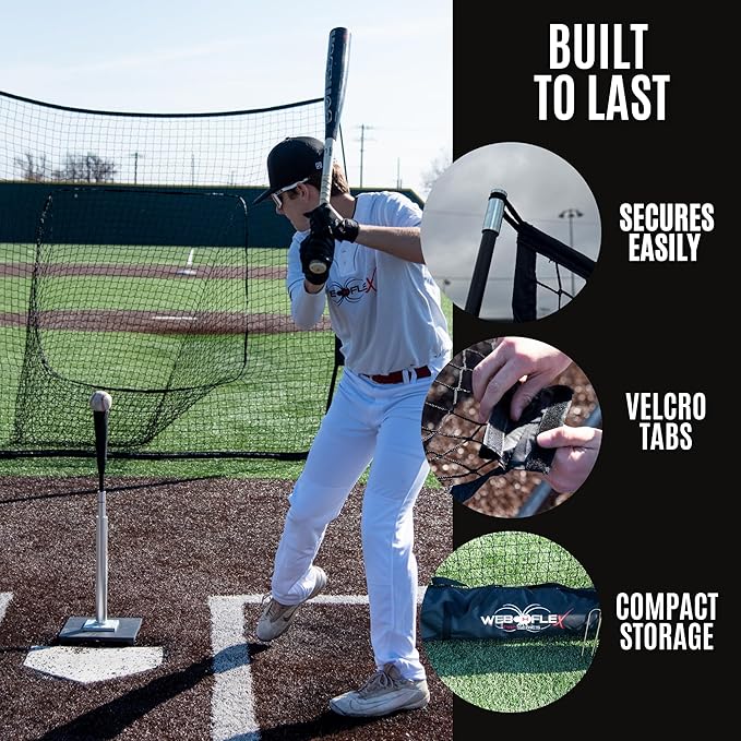 Web Flex® Spider Series 7’x7’ Sock Net, Adjustable Batting Tee & Strike Zone Trainer Bundle, Portable Baseball & Softball Training Set for Hitting, Pitching, & Fielding | Durable, Easy Setup