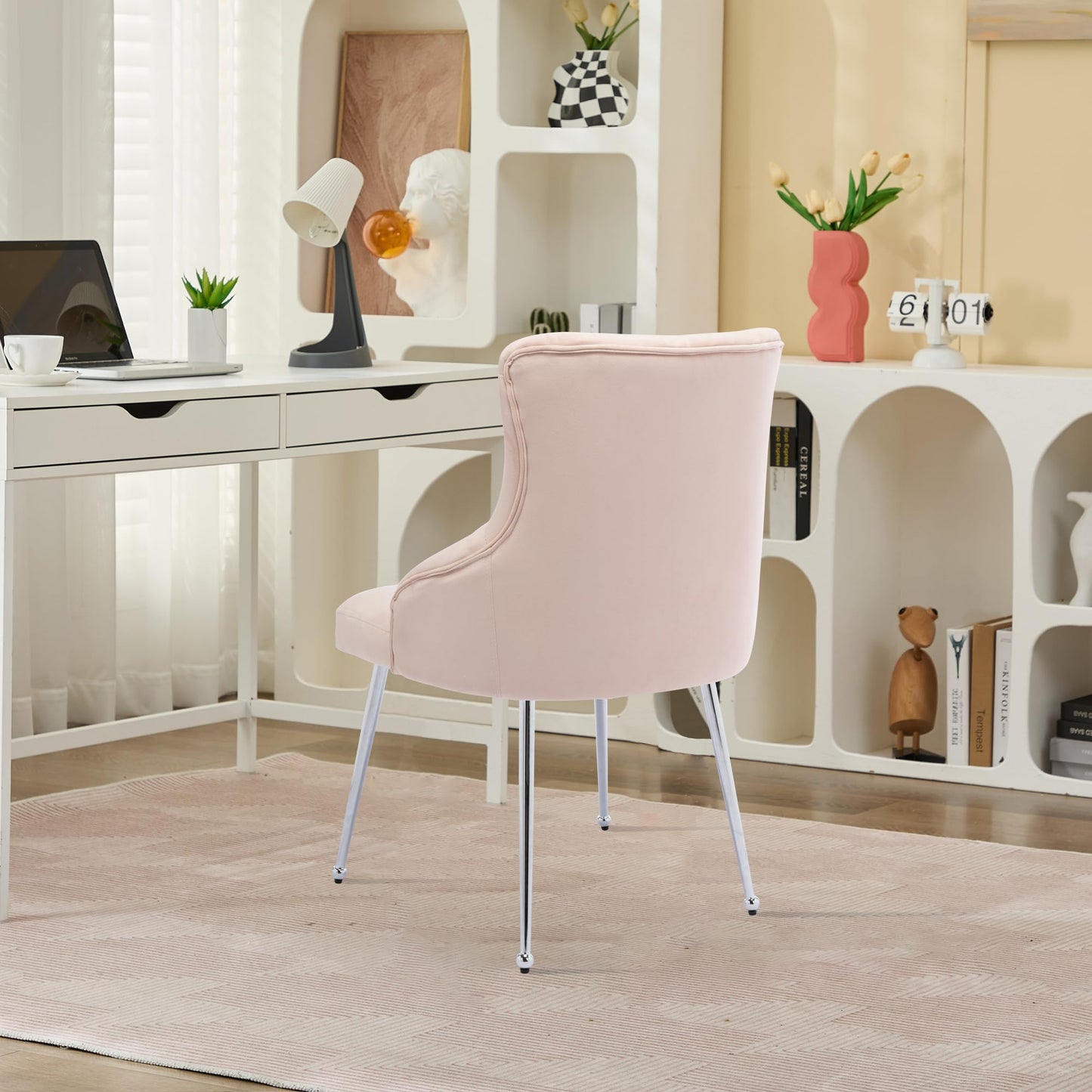UDAX Velvet Vanity Dining Chairs, Upholstered Makeup Accent Reading Chair, Office Desk Vanity Stool Chairs with Metal Legs for Kitchen, Bedroom, Living Room, Pink