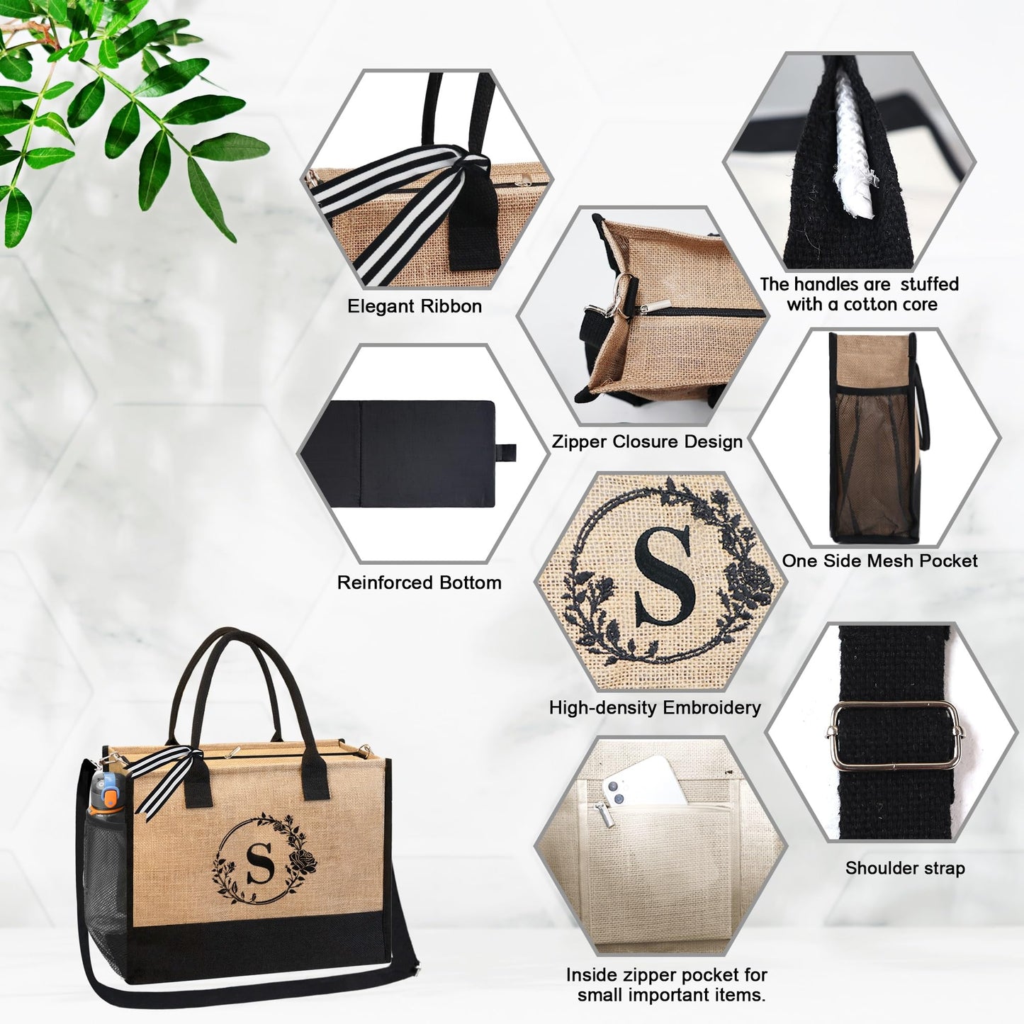 BeeGreen Beach Bag for Women Personalized Birthday Gifts for Friends Mother Bride Initial Jute Tote Bag with Zipper Closure Embroidery Large Teacher Tote Bag with Inner& Side Pouch M